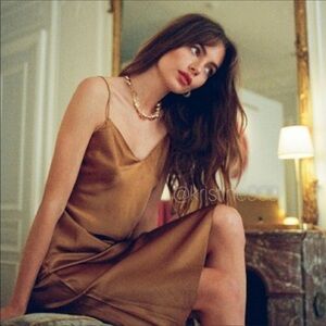 Young Fabulous & Broke Evie Silky Satin Toffee Midi Slip Dress Draped Cowl Neck